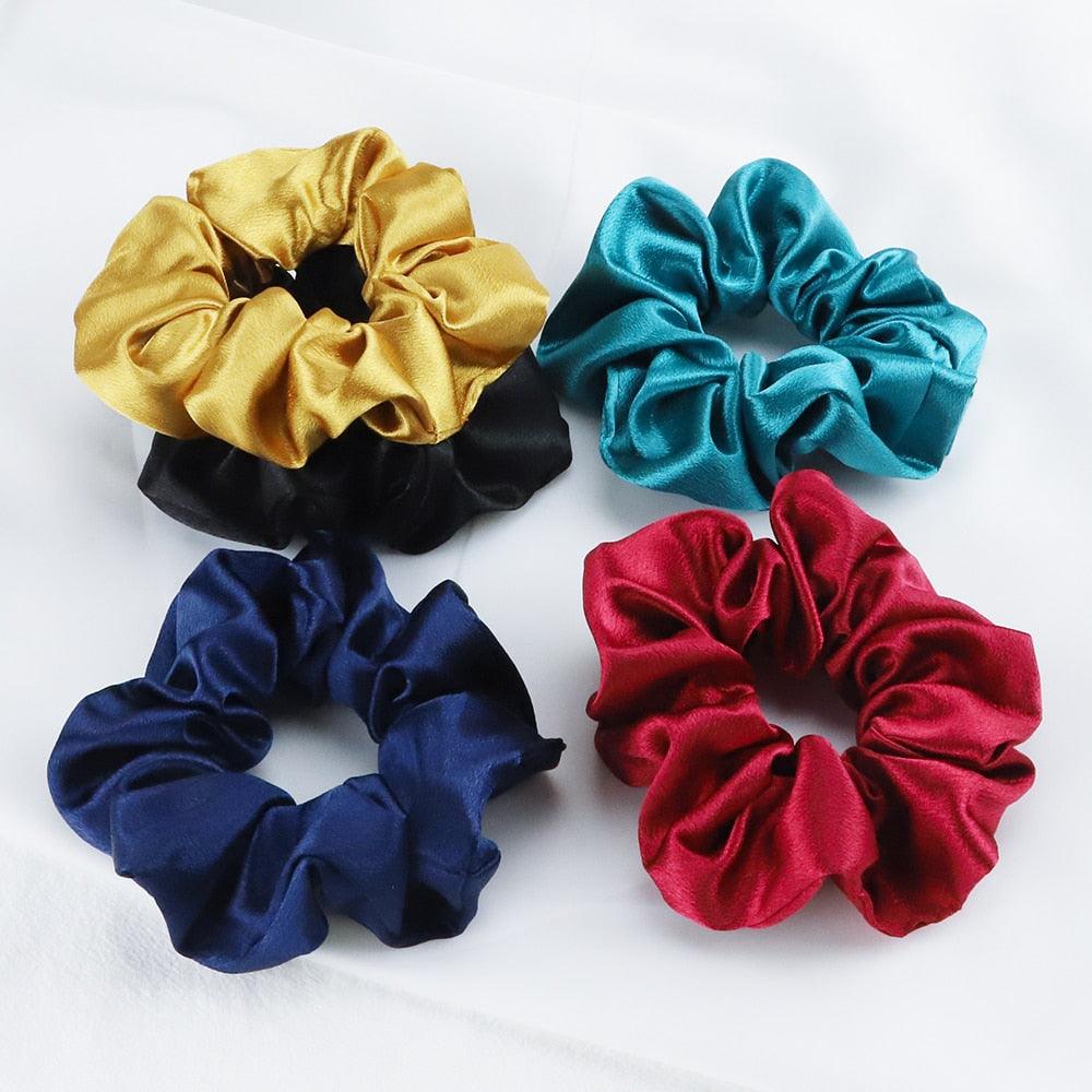 5PCS/Lot Fashion Silk Satin Scrunchies Headband Large Elastic Rubber Hair Band Women Fashion Hair Scrunchies Ponytail Holder Accessories for Women And Girls