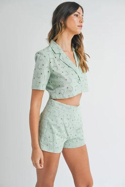 MABLE Eyelet Short Sleeve Crop Top and Shorts Set