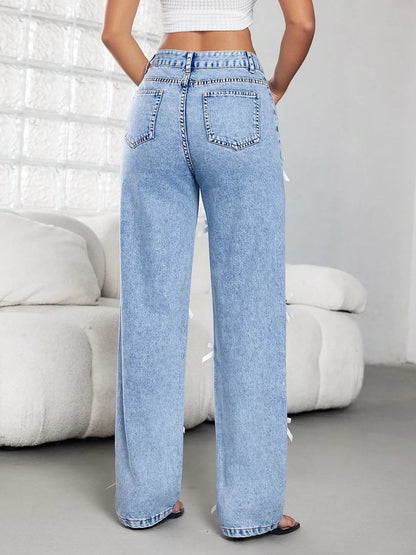 Bow Decor High Waist Wide Leg Jeans