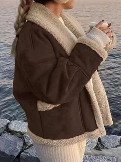 Fuzzy Collared Neck Long Sleeve Jacket with Buttoned Closure and Cozy Pockets