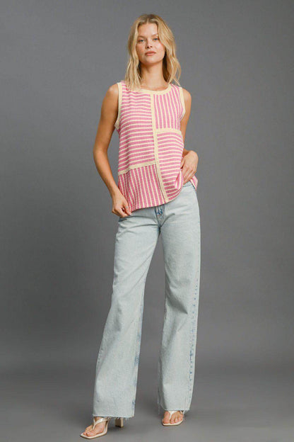 Umgee Round Neck Texture Striped Tank for Casual Style
