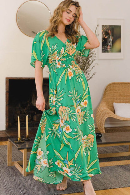 ODDI Full Size Floral Smocked Tied Back Maxi Dress Style