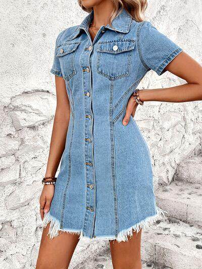 Raw Hem Button Up Short Sleeve Denim Dress for Women