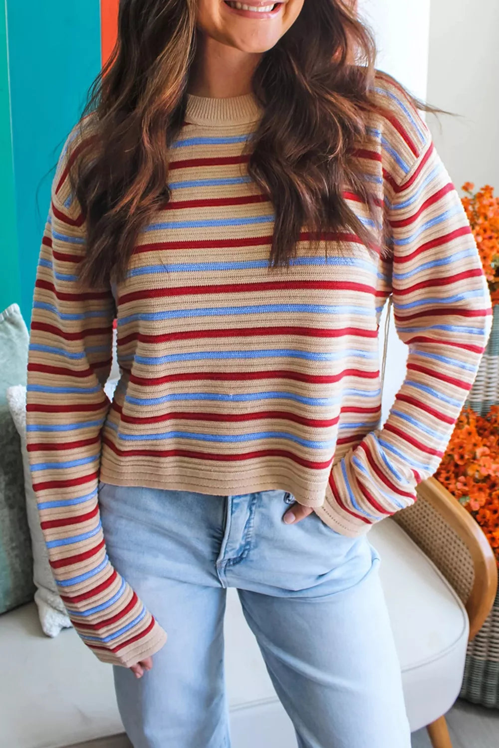 Striped Long Sleeve Round Neck Sweater