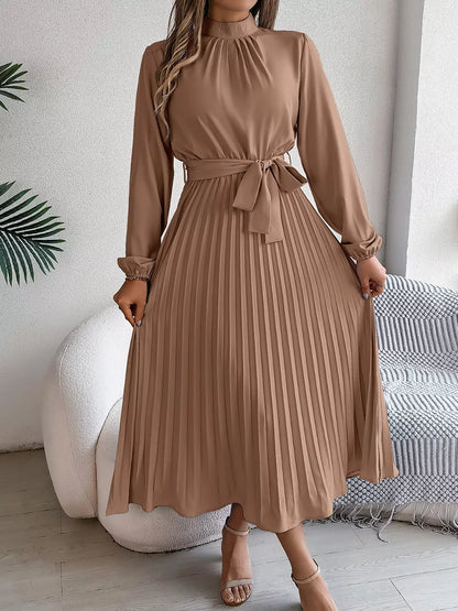 Mock Neck Pleated Midi Dress