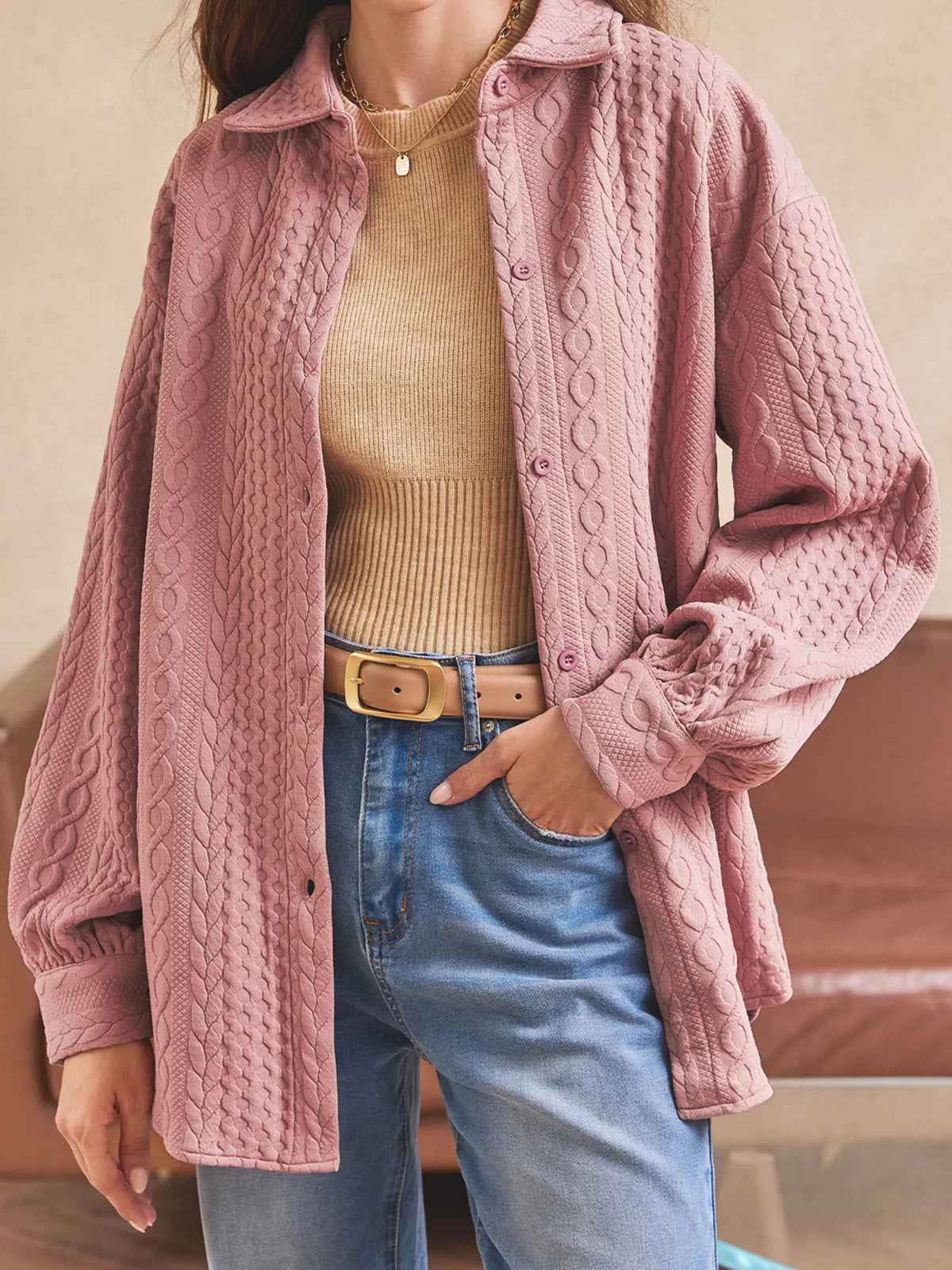 Cable Texture Puff Sleeve Loose Shacket