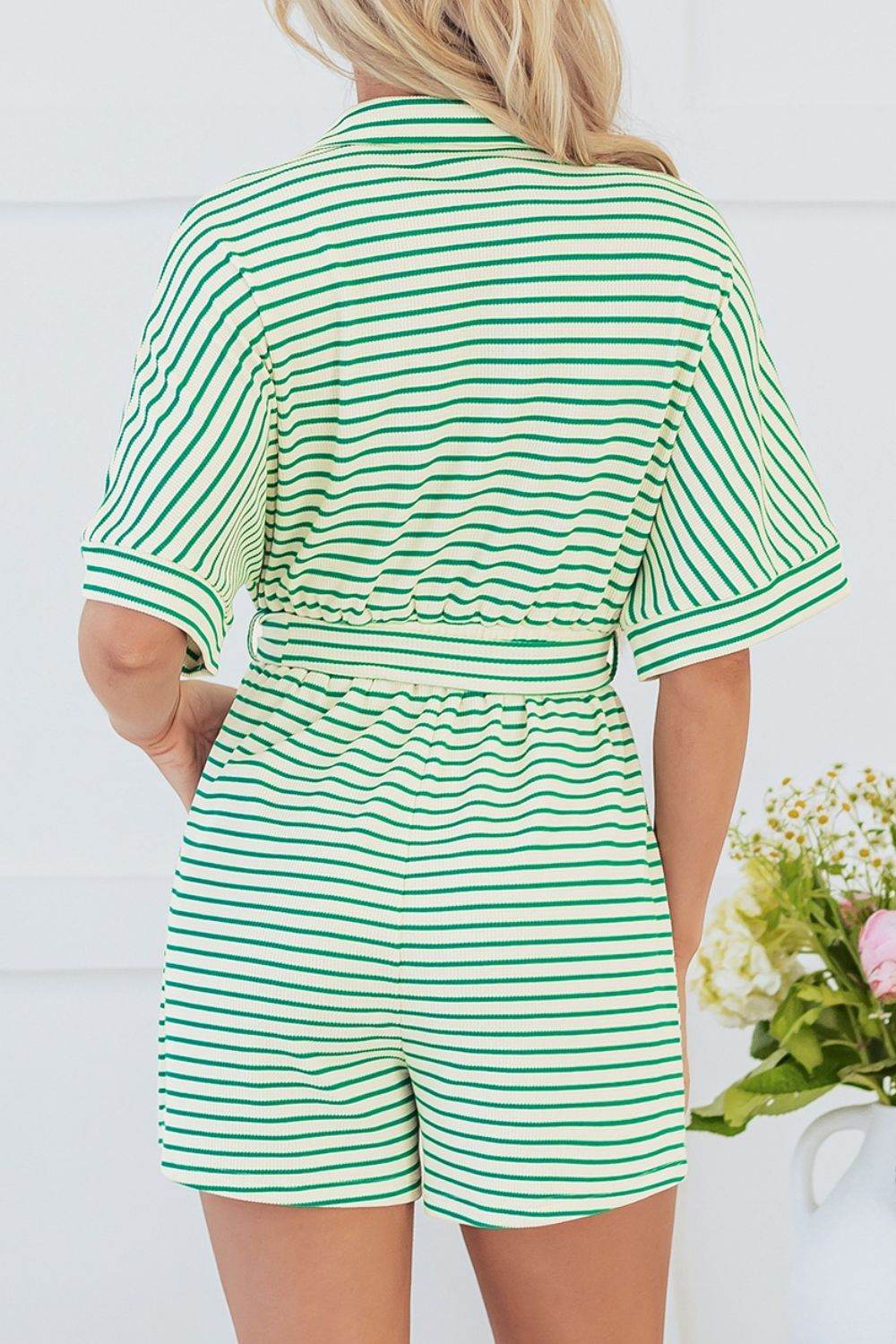 Striped Half Sleeve Tie Waist Romper