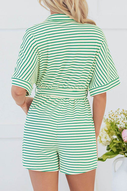 Striped Half Sleeve Tie Waist Romper