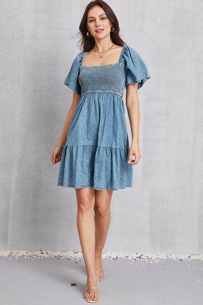 Smocked Square Neck Mini Denim Dress for Women Stylish