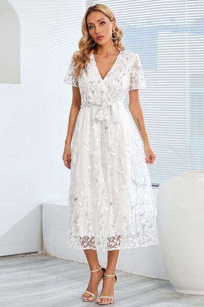 Sequin Leaf Embroidery Tie Front Short Sleeve Dress for Women