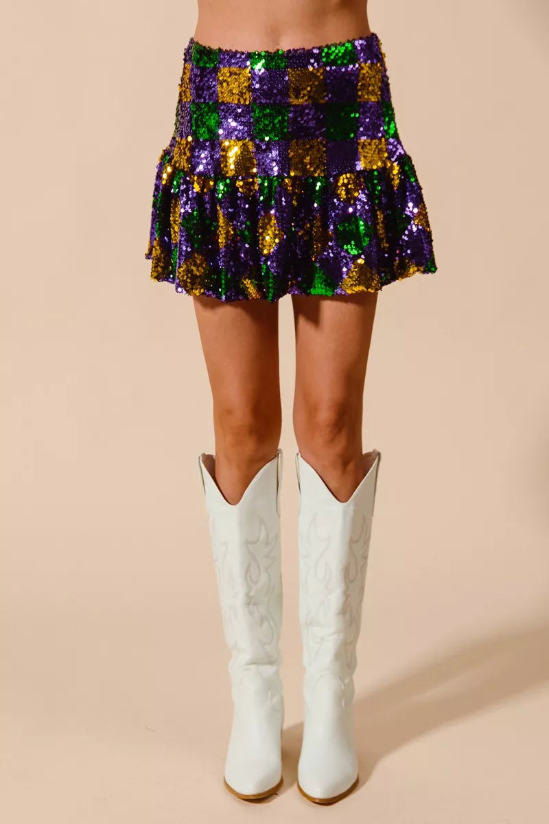 SO ME Mardi Gras Checker Sequins Mini Skirt