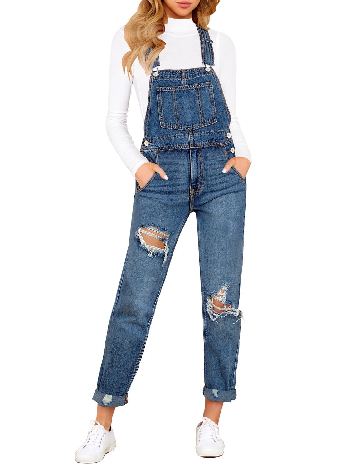 Denim Bib Overalls - Adjustable Loose Fit Jeans Jumpsuit for Women