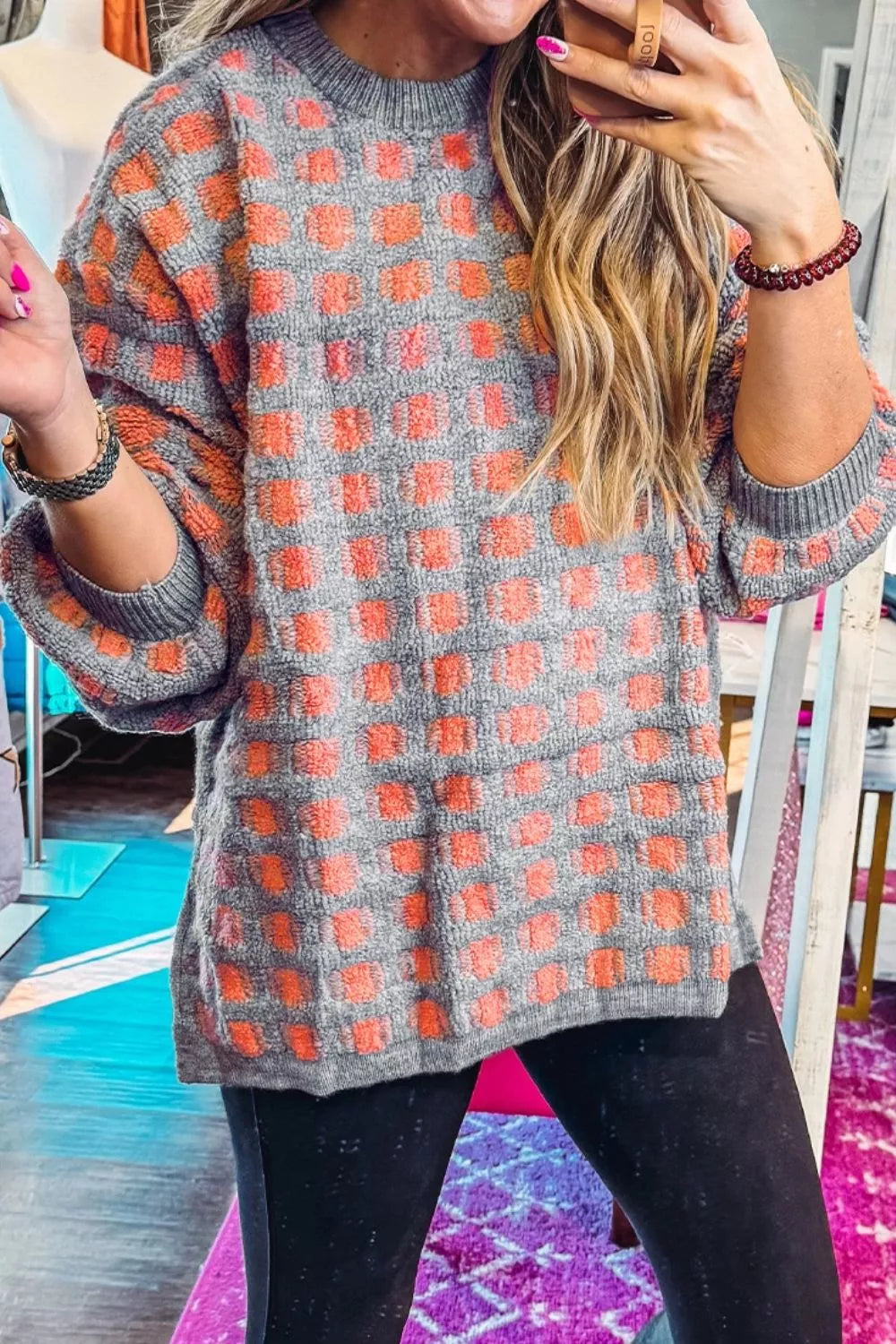 Plaid Round Neck Dropped Shoulder Sweater