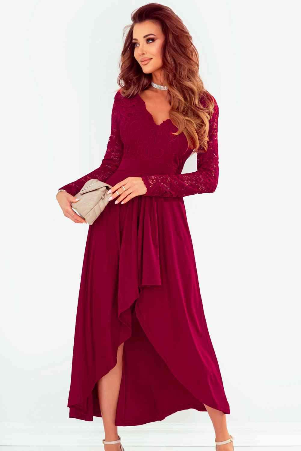 Lace High-Low V-Neck Dress for Elegant Evening Wear
