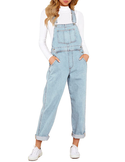 Denim Bib Overalls - Adjustable Loose Fit Jeans Jumpsuit for Women