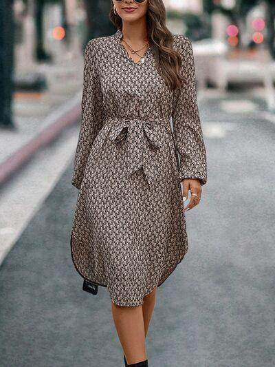 Tied Printed Notched Balloon Sleeve Dress for Women