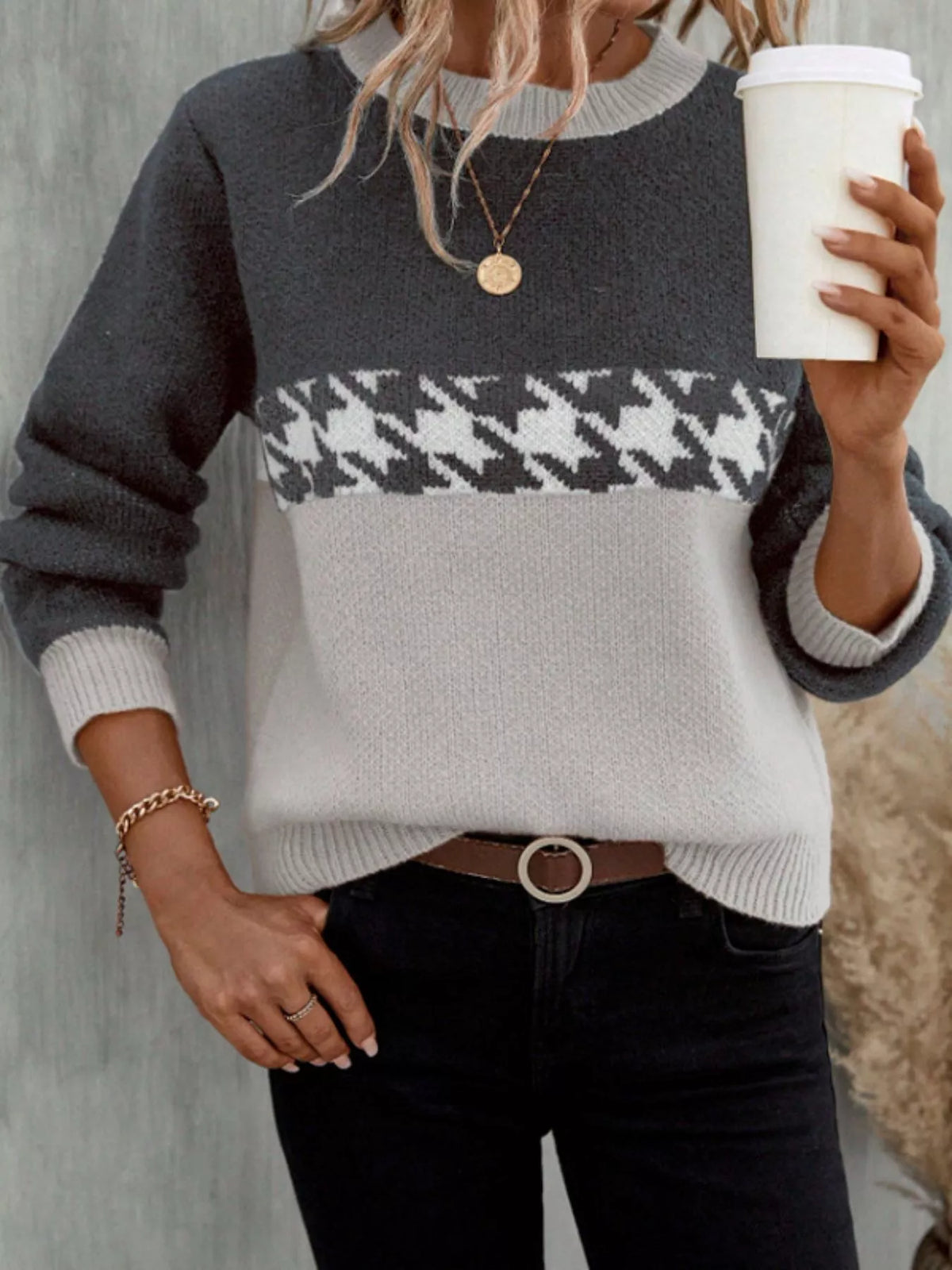 Houndstooth Pattern Color Block Sweater