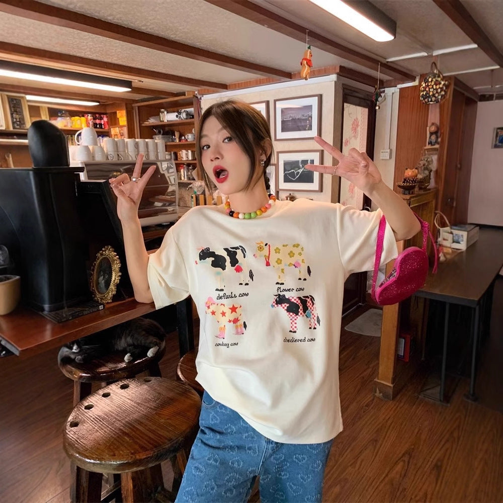 American Retro Cartoon Print Korean Version Loose Versatile Top