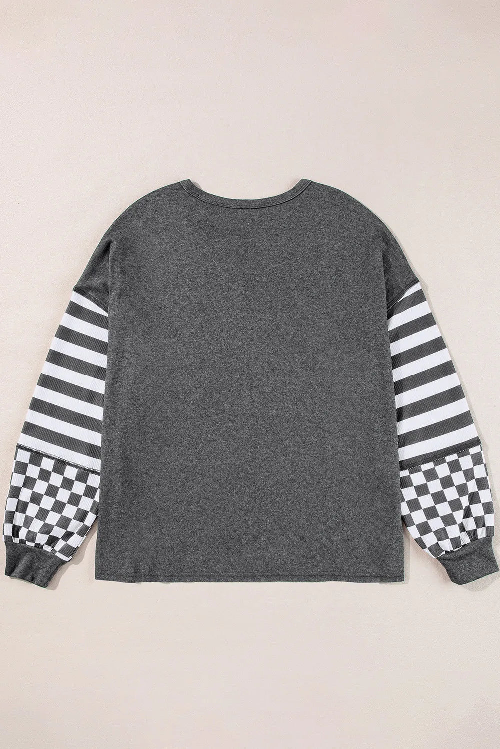 Checker &amp; Stripes Round Neck Long Sleeve Blouse