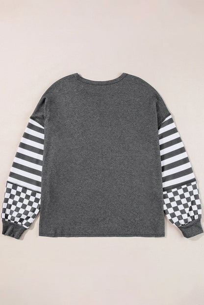 Checker &amp; Stripes Round Neck Long Sleeve Blouse