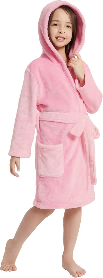 Girls Hooded Fleece Bathrobe - Soft Plush Warm Robe for Kids 3-14 Years