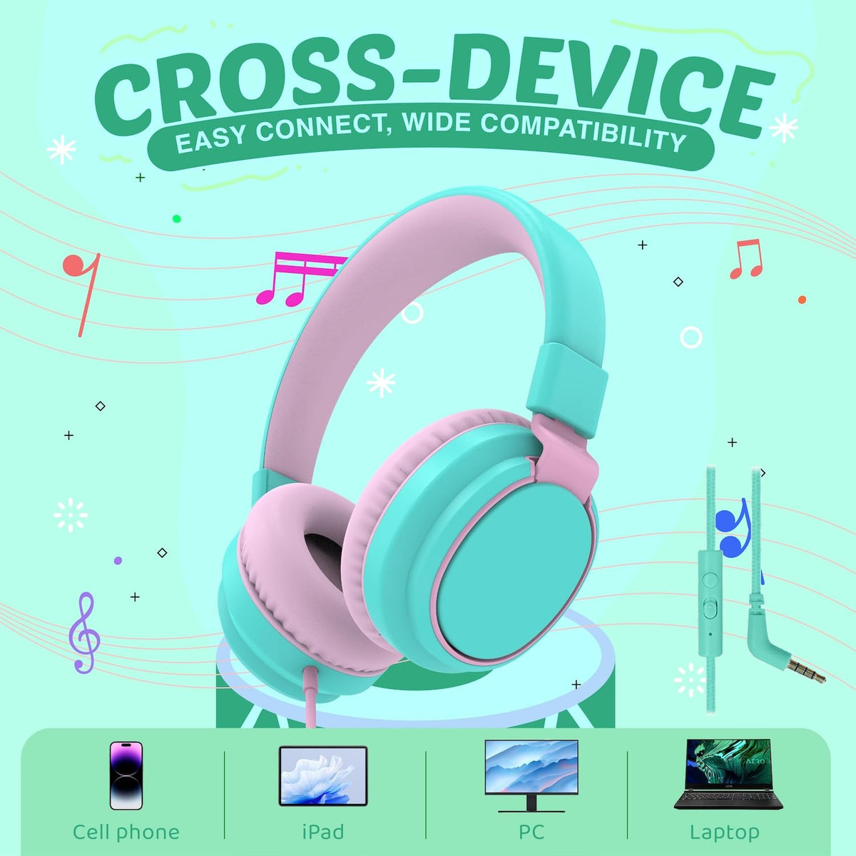 Kids Headphones Volume Limited 85/94dB - Wired Over-Ear Foldable Headset with Microphone Pink