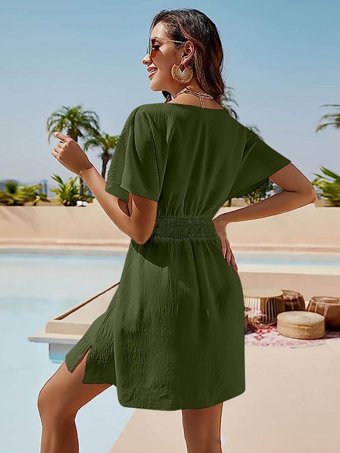 Smocked V-Neck Short Sleeve Dress for Effortless Style