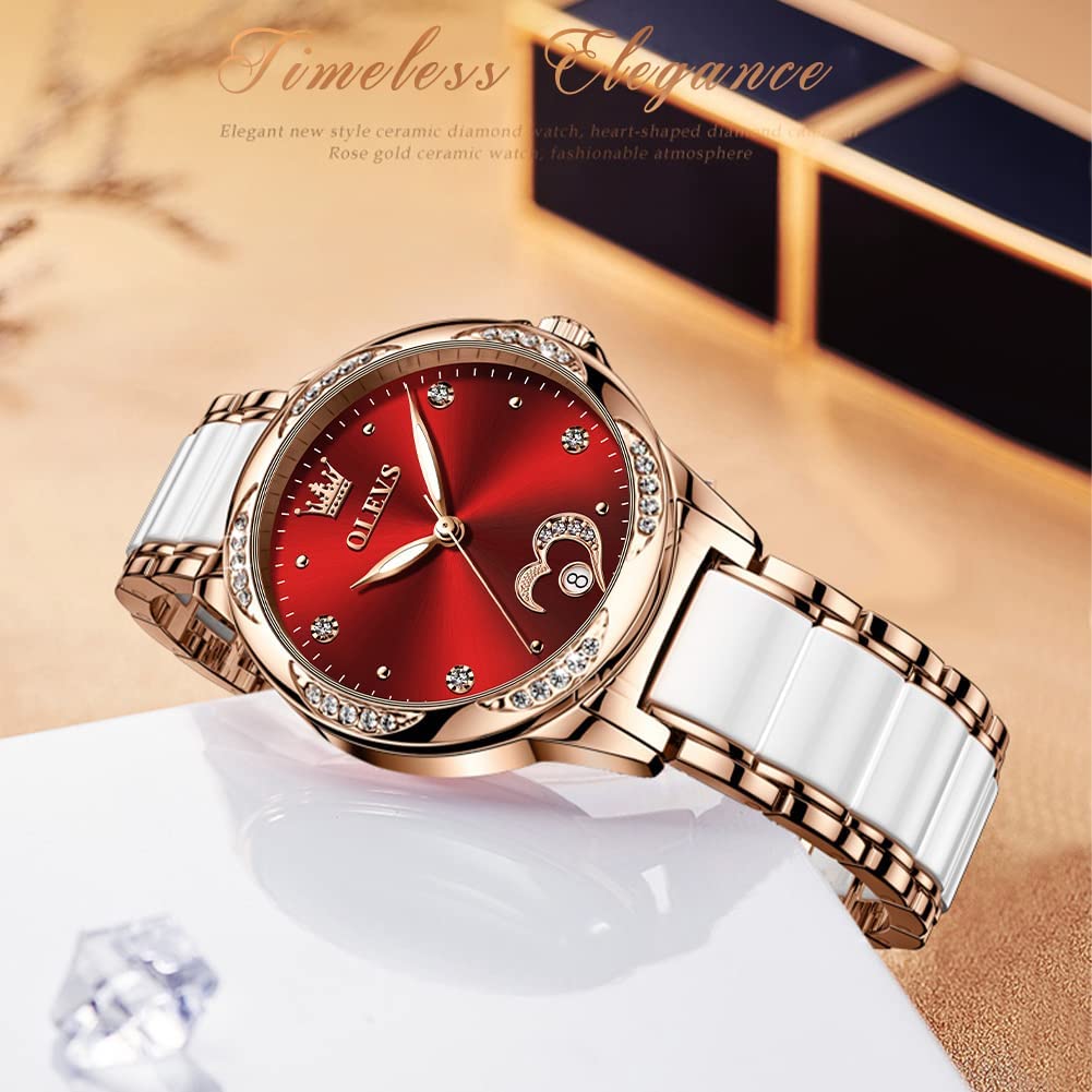OLEVS Womens Automatic Watch, Premium Large Face Diamond Accented Self Winding Watches for Women, Fashion Waterproof Ladies Dress Watch, Two Tone Stainless Steel Ceramic Bracelet
