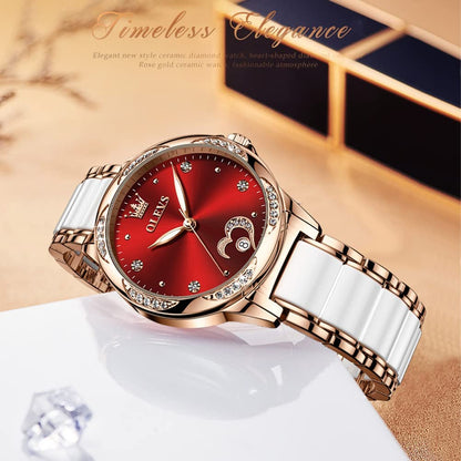 OLEVS Womens Automatic Watch, Premium Large Face Diamond Accented Self Winding Watches for Women, Fashion Waterproof Ladies Dress Watch, Two Tone Stainless Steel Ceramic Bracelet