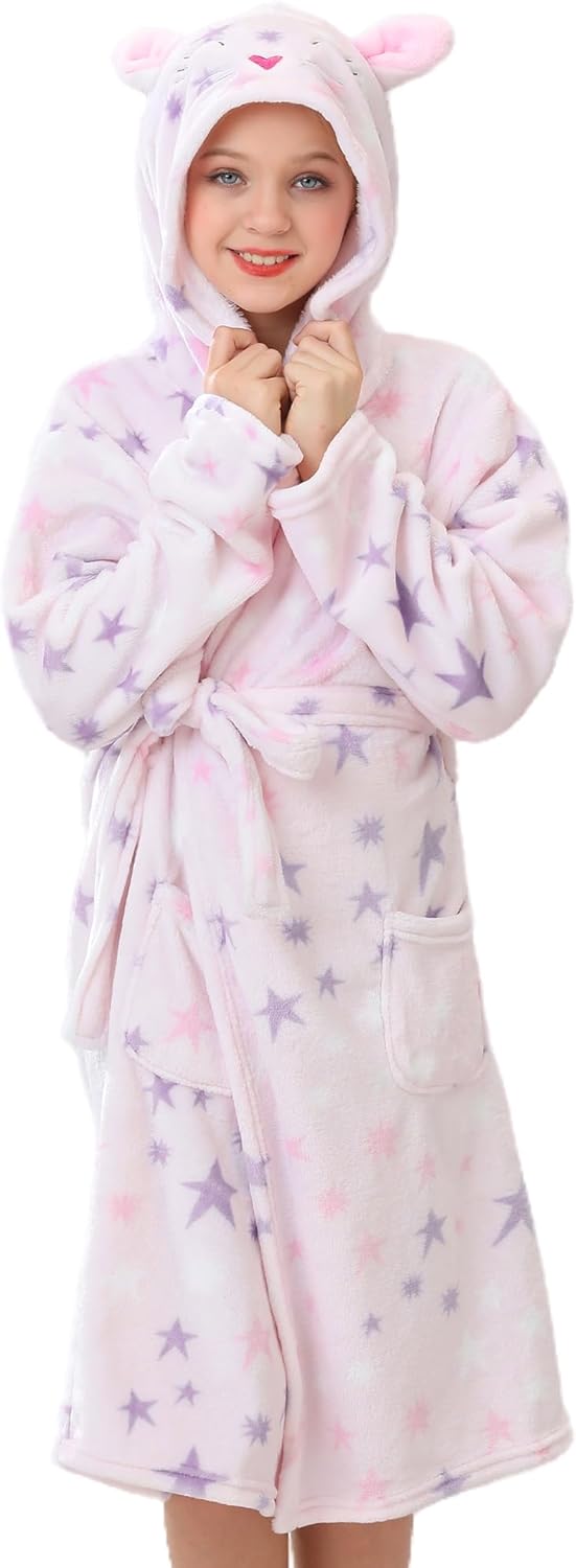 Girls Hooded Fleece Bathrobe - Soft Plush Warm Robe for Kids 3-14 Years