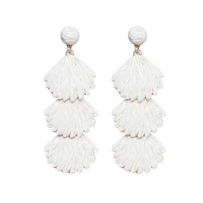 Raffia Dangle Earrings for Women - Boho Statement Rattan Drop Jewelry with Shell Design, Lightweight Summer Beach Trendy Accessories