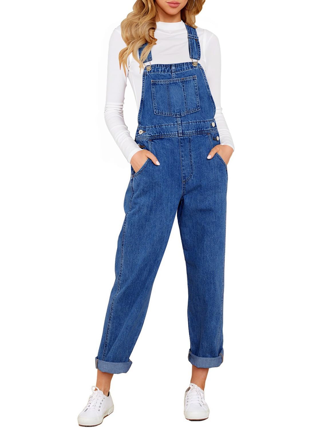 Denim Bib Overalls - Adjustable Loose Fit Jeans Jumpsuit for Women