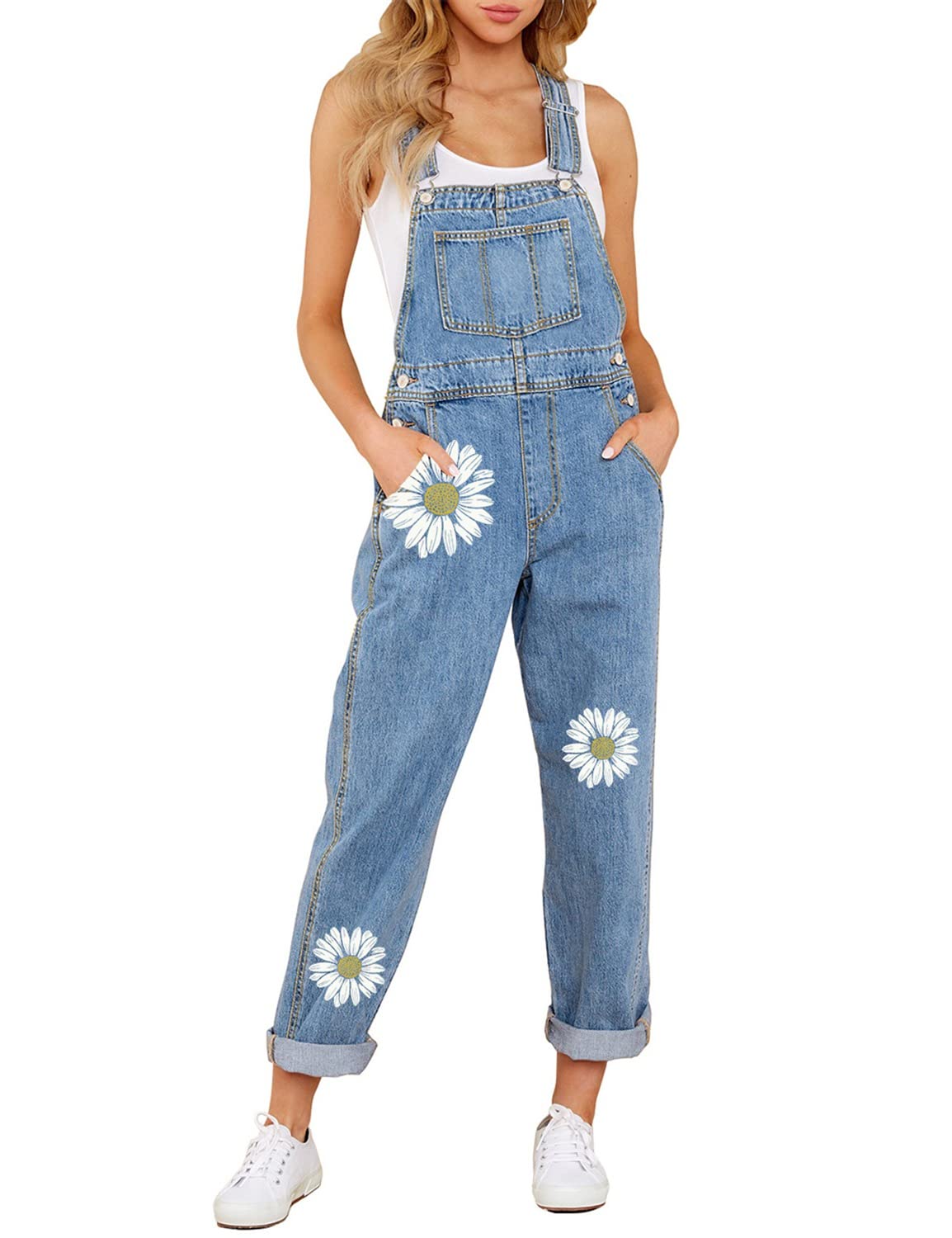Denim Bib Overalls - Adjustable Loose Fit Jeans Jumpsuit for Women