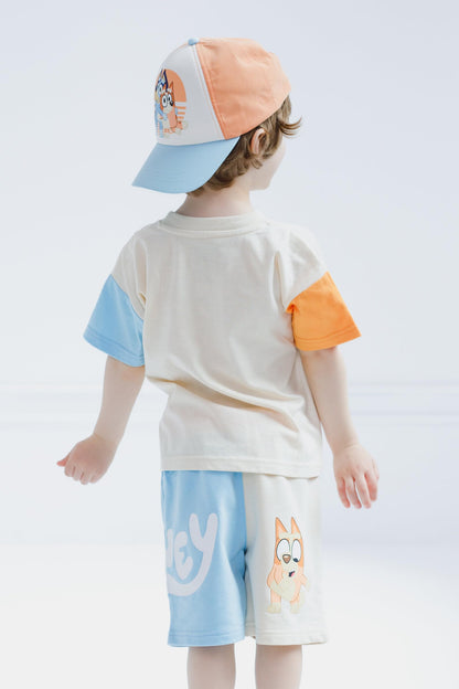 Bluey 3-Piece Kids Outfit Set - T-Shirt, Shorts &amp; Baseball Cap for Toddlers to Big Kids