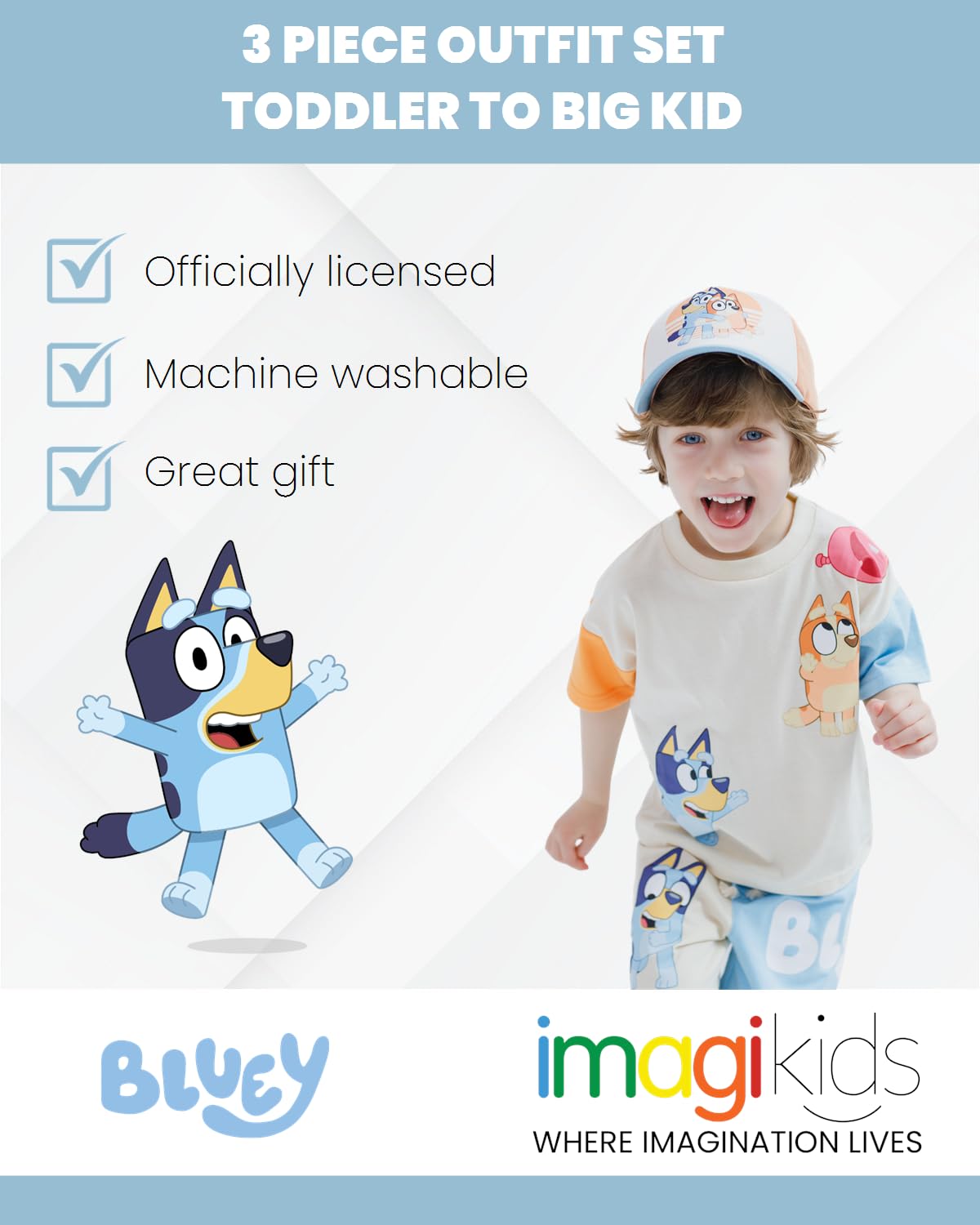 Bluey 3-Piece Kids Outfit Set - T-Shirt, Shorts &amp; Baseball Cap for Toddlers to Big Kids