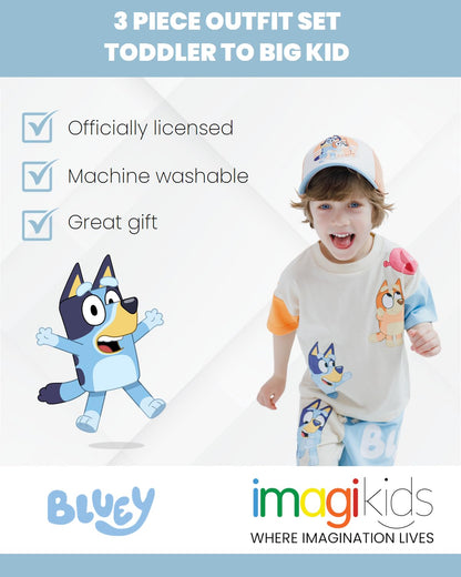 Bluey 3-Piece Kids Outfit Set - T-Shirt, Shorts &amp; Baseball Cap for Toddlers to Big Kids