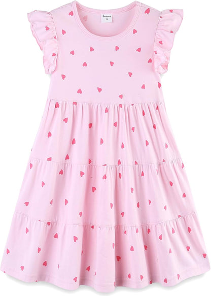 Girls Cotton Dress - Ruffle Sleeve Tiered A-Line Midi Sundress