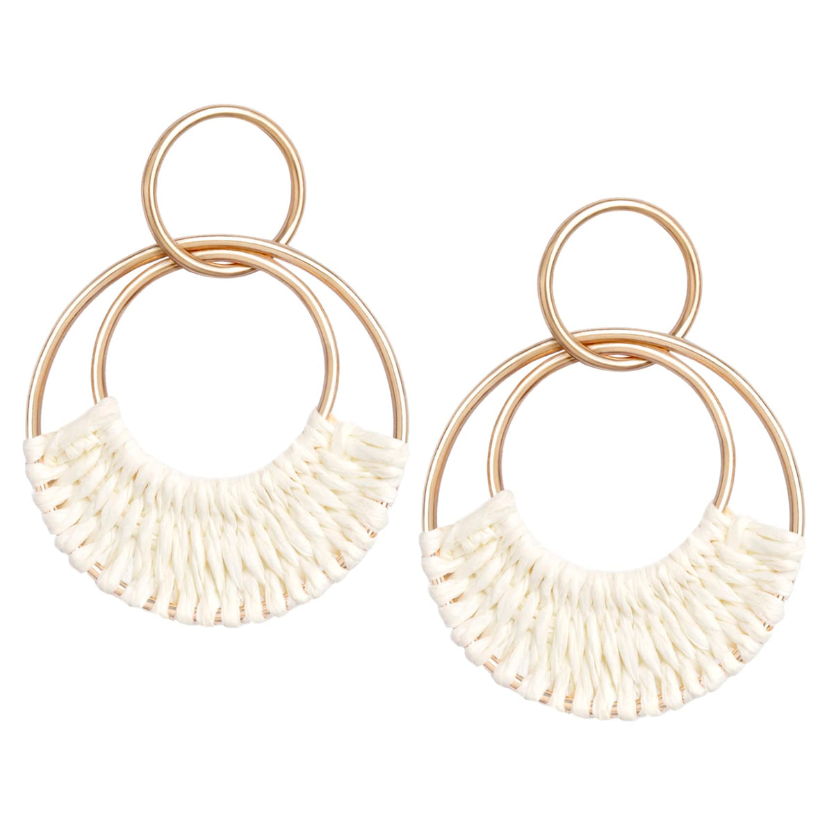 Raffia Hoop Earrings for Women Fun Boho Summer Beach Earrings Lightweight Handmade Straw Wicker Rattan Dangle Earrings Statement Geometric Round Drop Earrings