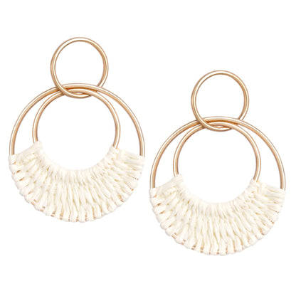 Raffia Hoop Earrings for Women Fun Boho Summer Beach Earrings Lightweight Handmade Straw Wicker Rattan Dangle Earrings Statement Geometric Round Drop Earrings