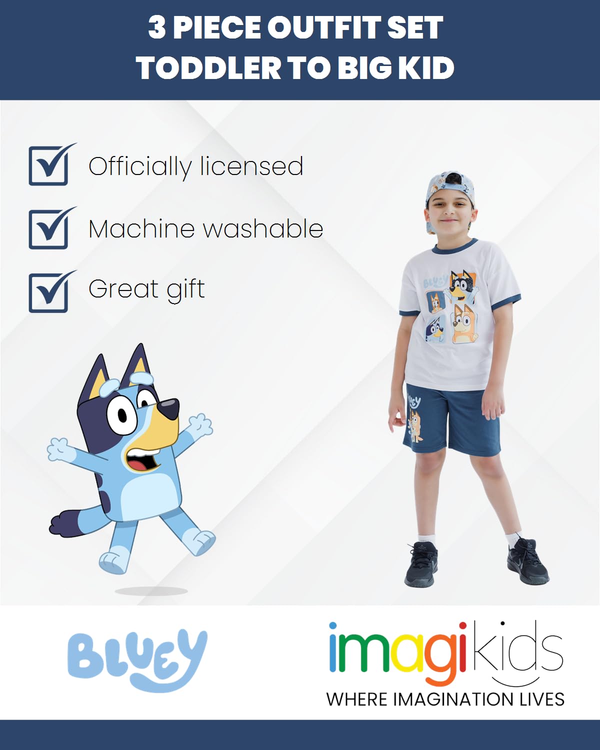 Bluey 3-Piece Kids Outfit Set - T-Shirt, Shorts &amp; Baseball Cap for Toddlers to Big Kids