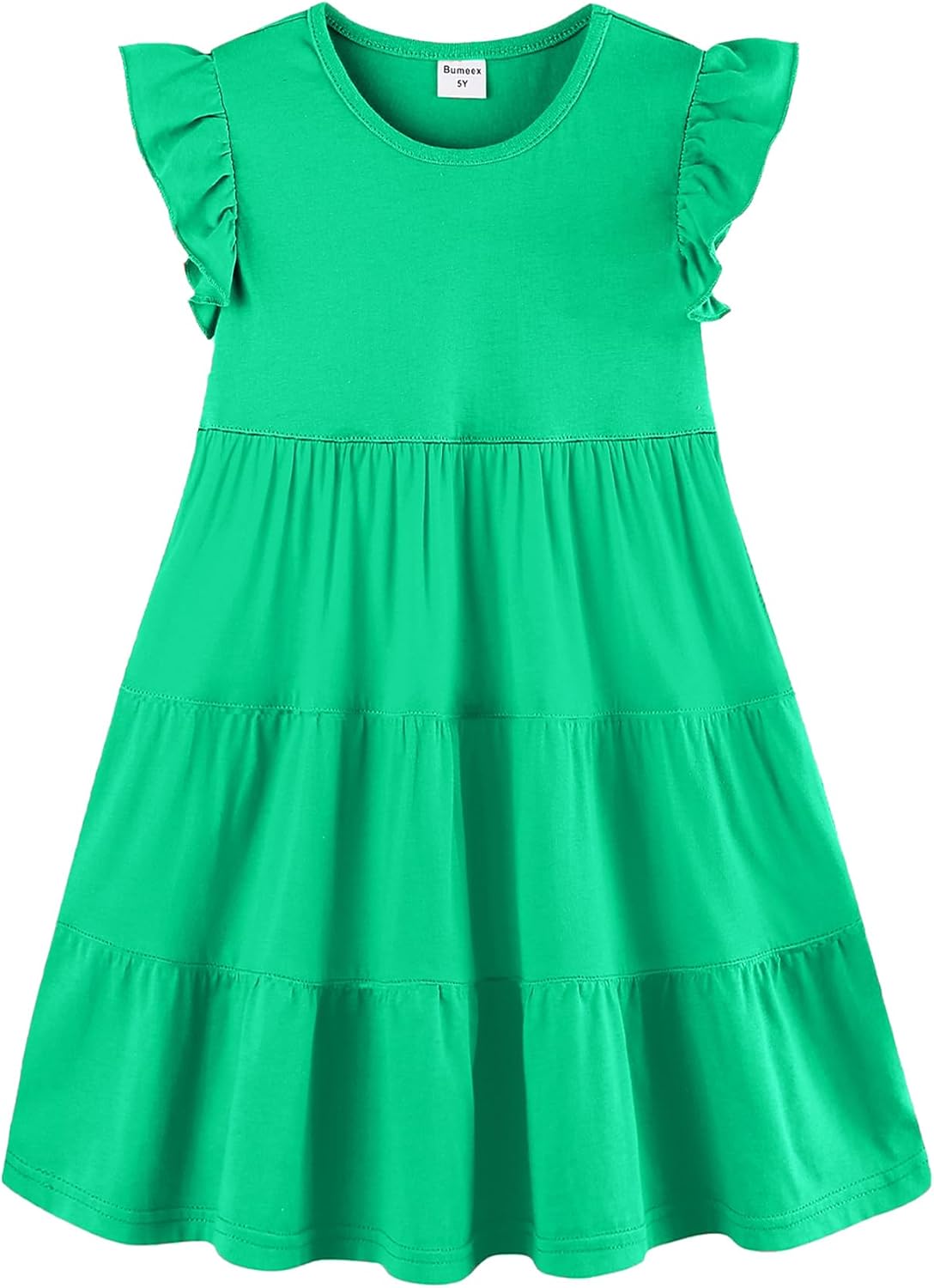 Girls Cotton Dress - Ruffle Sleeve Tiered A-Line Midi Sundress