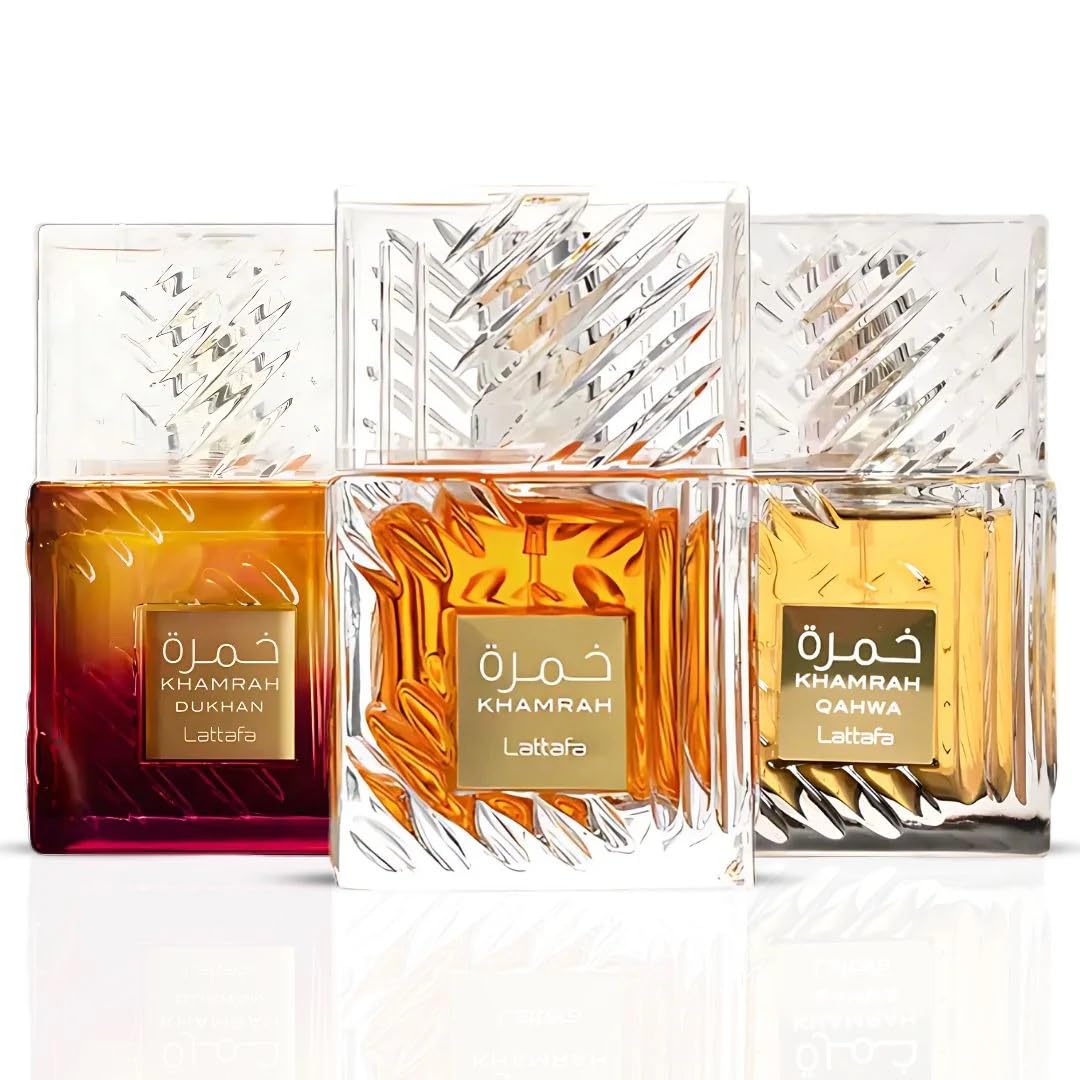 Lattafa Khamrah Qahwa &amp; Dukhan Eau De Parfum Sprays 100ML (3.4 OZ) – Unisex Long Lasting Fragrance – 3 Pack Gift Set – Premium Middle Eastern Perfume