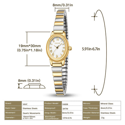 Small Gold Watches for Women,Analog Womens Watch with Stainless Steel Expansion Band,Oval Case Roman Dial,Water Resistant