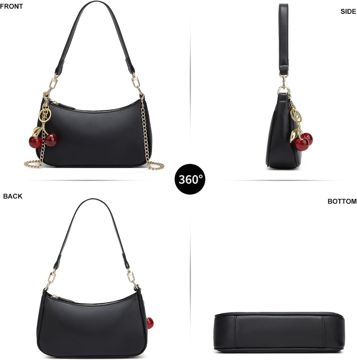 Black Shoulder Bag for Women Cute Hobo Cherry Purse Retro Clutch Underarm Handbag with Removable Straps