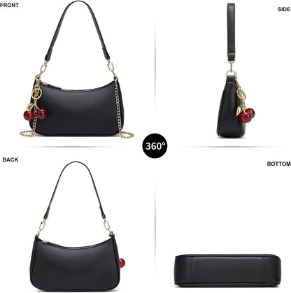 Black Shoulder Bag for Women Cute Hobo Cherry Purse Retro Clutch Underarm Handbag with Removable Straps