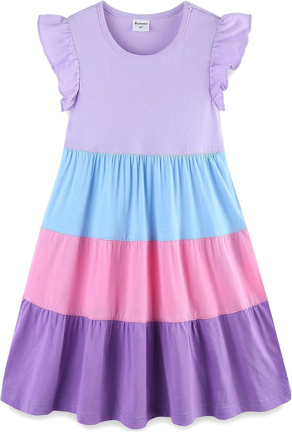 Girls Cotton Dress - Ruffle Sleeve Tiered A-Line Midi Sundress