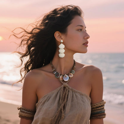 Raffia Dangle Earrings for Women - Boho Statement Rattan Drop Jewelry with Shell Design, Lightweight Summer Beach Trendy Accessories