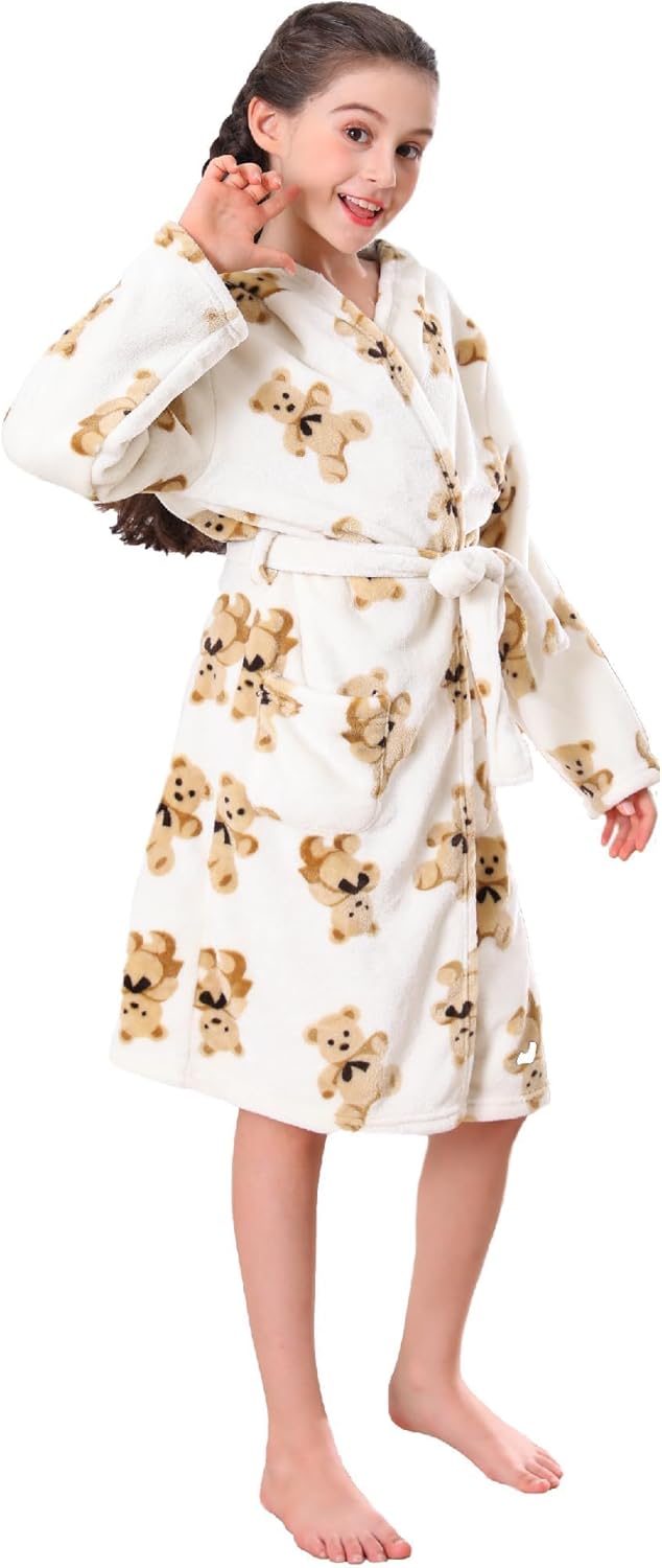 Girls Hooded Fleece Bathrobe - Soft Plush Warm Robe for Kids 3-14 Years