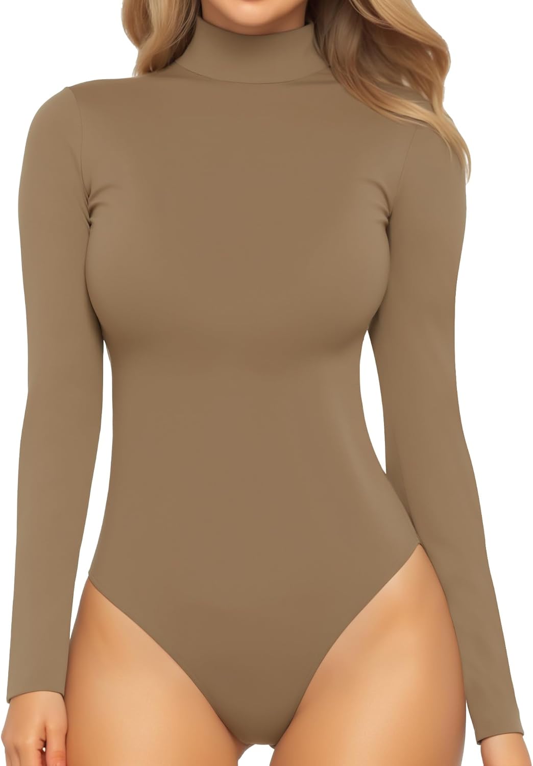 Mock Turtleneck Bodysuit - Long Sleeve Fitted Top with Snap Closure