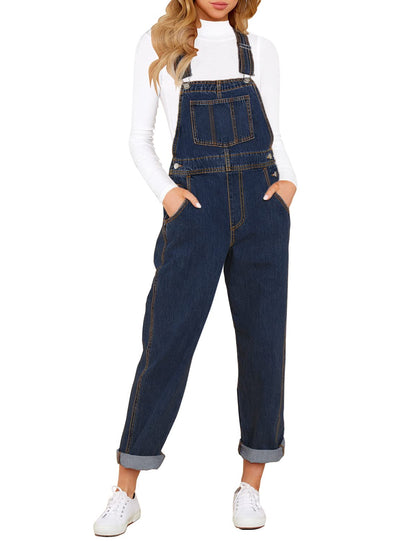 Denim Bib Overalls - Adjustable Loose Fit Jeans Jumpsuit for Women